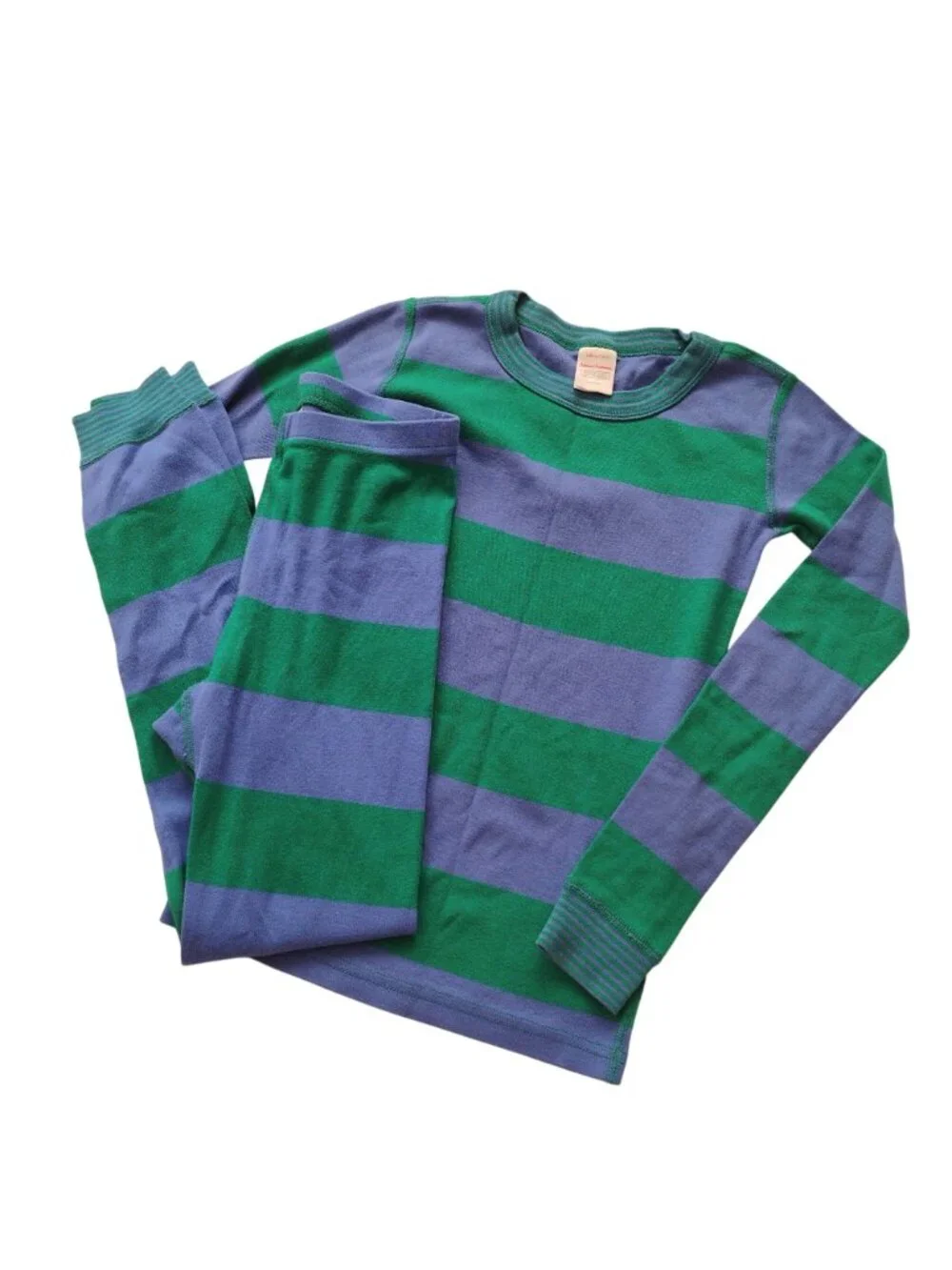 Hanna Andersson Kids Pajamas 8 Blue Green Wide Stripe Cotton Long Johns PJs